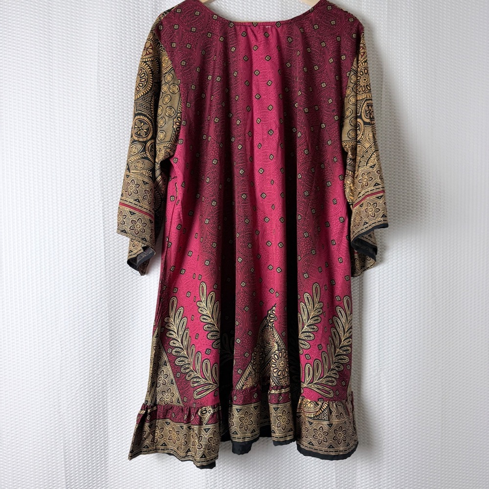 Lapogee Tunic Dress Women 2X Burgundy Gold Boho Mandala Ruffle Hem Bell Sleeve - Picture 2 of 10